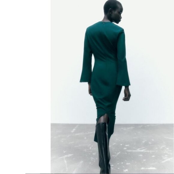Zara Green Long Sleeve Dress Side Ruched Midi Dresz, NWT, M - Picture 4 of 15